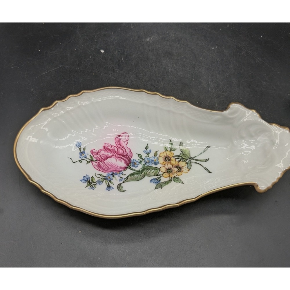 Richard Ginori Italy Porcelain Floral Trinket Dish Gold Gilt Scalloped Tray 9.5"